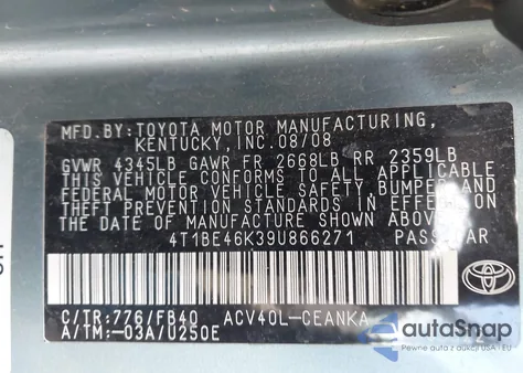 2009 Toyota Camry Le/Se/Xle from USA, damaged, VIN 4T1BE46K39U866271